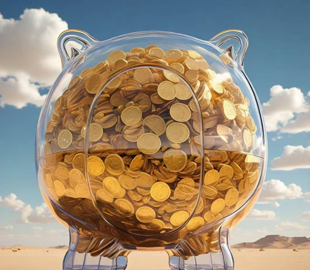 Piggy bank with coins in a desert landscape